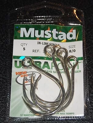 5 Pack Mustad 10121NPDT-80 Kaiju Inline Circle Hooks Size 8/0 In Line 7X Strong • $3.39