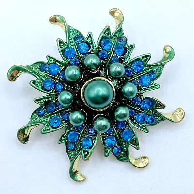 A9-1240 Vintage Brooch Gold Tone Pin 1.5  Rhinestone Enamel Flower Blue • $4.99