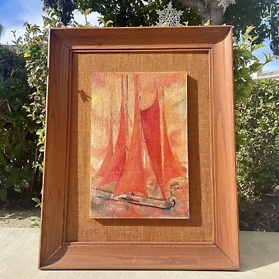 Large Mid Century Modern Ship Art W Orange Background Signed Juanita Bowlin ‘63 • $150