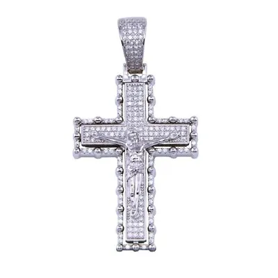 Sterling Silver Crucifix Cross Hip Hop Pendant W/ Micro Pave CZ Stones • $46.99