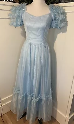 Vintage Powder Blue Cupcake Prom Dress Chiffon Ruffles Southern Belle Lace XS/S • $59.99