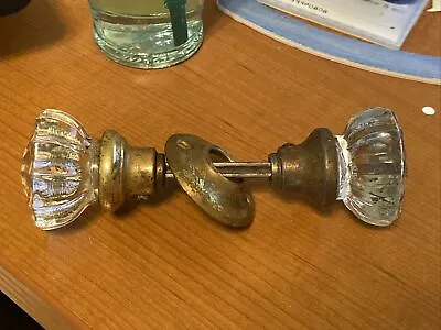 Vintage 12 Point Clear Crystal Glass And Brass Door Knobs Handles • $24.99