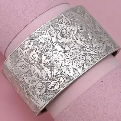 Antique Victorian WIDE Hand Etched Flower Rose Daisy Sterling Silver Bracelet • $295