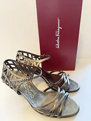 Salvatore Ferragamo  7.5 D Shoes Silver Caged Metallic Open Toe Strappy Heels • $249