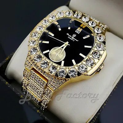 Men's Iced Luxury Black Dial Bling Gold Plated Alloy Big Cubic Zirconia Watch • $27.99