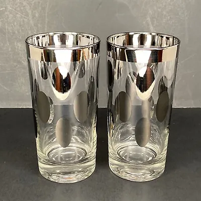 Mid Century Dorothy Thorpe Style Silver Rim Polka Dot 2 Highball Glasses Barware • $20