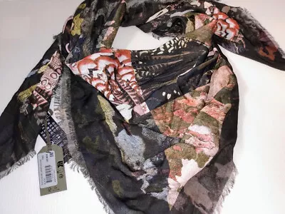 ALLSAINTS Logo Viscose Patchwork Feather Shell BlackBrownPink 40  Square Scarf • $29.99