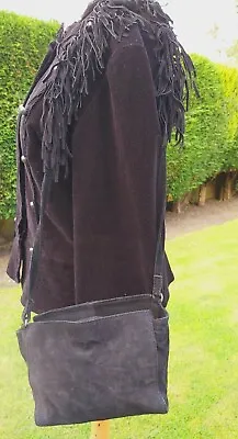Zara Black Suede Leather Small Shoulder Bag  Fringe Tassels Festival Boho • £9.99