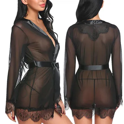 Women's Sexy Lingeries See Through Sheer Mesh Robe Negligee Chemise With Thongs • £13.50