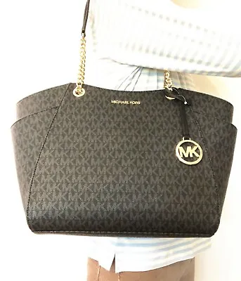 NWT Michael Kors Jet Set Travel Large Signature Chain Shoulder Tote Bag Black • $109