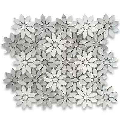 C9D5XP White Thassos Carrara Marble Daisy Flower Floral Mosaic Tile Polished • $32.99