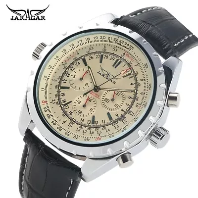 JARAGAR Men's Mechanical Watch Automatic Self Winding Leather Strap Wristwatch • £28.55