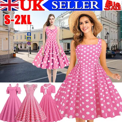 Women Retro 50s 60s Rockabilly Polka Dot Cocktail Party Swing Pink Dress UK • £6.17