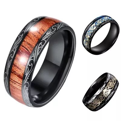 Mens Stainless Steel Ring Black Phoenix Figure Wood Grain Ring Jewelry Vintage • $1.56