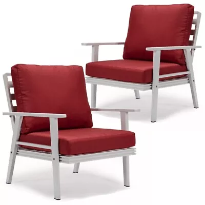 LeisureMod Walbrooke Outdoor Patio White Aluminum Armchairs Set Of 2 Red • $980.30