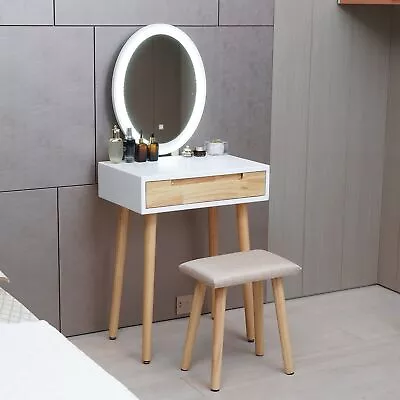 White Dressing Table Stool Set Makeup Vanity Unit LED Lighted Mirror W/Drawers • £79.99