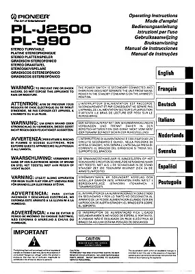 Operating Instructions For Pioneer PL-990 PL-J2500 • $18.33