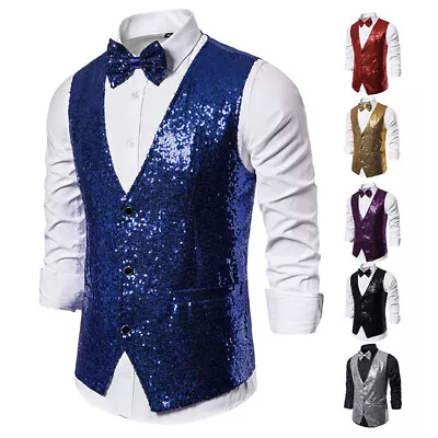 Men's Stage Performance Costume V Neck Casual Sequin Vest Prom Waistcoat • $28.55