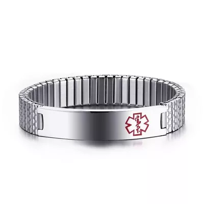 £10.79 • Buy Emergency Use Silver Men Medical Alert ID Stretch Spring Bracelet Free Engraving