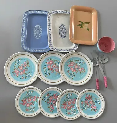 Vintage Metal/ Tin TEA CUP PLAY SET MCM 1960s Pinks/Blues/BUTTERFLIES FLORAL • $24.99