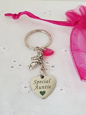£3.85 • Buy Special Auntie Keyring With Teddy Bear And Heart Charms And Organza Gift Bag