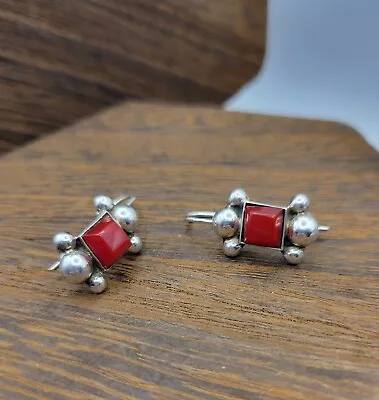 Vintage Mexico Silver 925 And Red Coral Hook Earrings 1  • $25