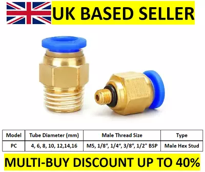 £2.87 • Buy Pneumatic Push In Fitting Air Water Pipe - Male Hex Stud 4-6-8-10-12-14-16mm
