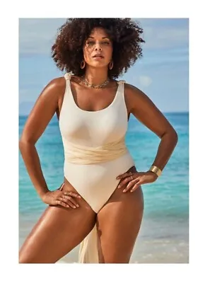 NWT Gabi Fresh Swimsuits For All Women's Size 14 Cream Wrap Sash One Piece • $40