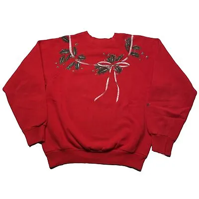 Vintage 80s Christmas Sweatshirt Womens Small Red Pullover Reef Art Hipster Cute • $24.99