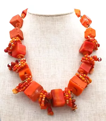£9 • Buy Chunky Orange Plastic Necklace Statement Cube Coral Button Beaded Lagenlook Mod