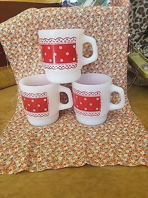 Vintage Fire King Red Polka Dot Lace Coffee Mugs Cups Set Of 3 • $19.50