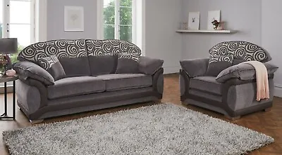 Grey Spiral & Plain Fabric Material Sofa Suite GALLIAN Various Combinations 321 • £489