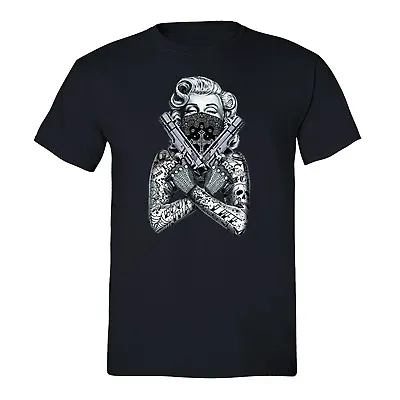 Mens Marilyn Monroe Black Bandana Skull Tattoo Pinup Gangster Crewneck T-Shirt • $20.49