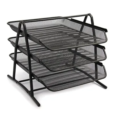 3 Tier Office Filing Trays Document Paper Holder A4 Wire Mesh Storage Rack Black • £10.99