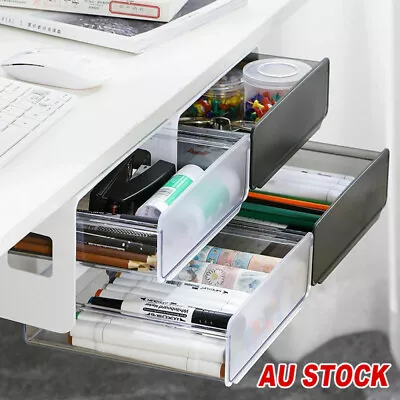 $14.99 • Buy Self Stick Under Desk Drawer Office Pencil Tray Organizer Double Storage Drawer
