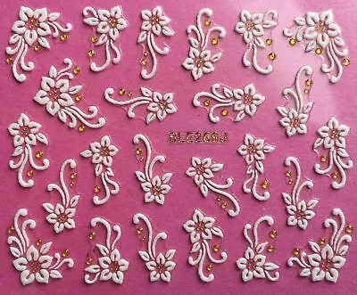 Nail Art 3D Decal Decal White Flowers Stickers Gold Accents BLE269J • $3.39