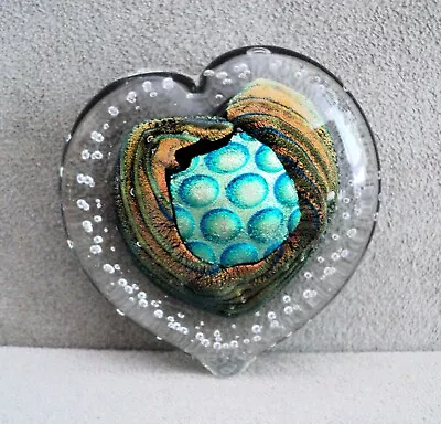 HEART Dichroic Dots Stripes Art GLASS PAPERWEIGHT 2.5  X 2.75  RANDY STRONG '97 • $29.96