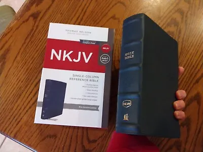 NKJV Single-Column Reference Bible Genuine Leather Blue Comfort Print • $55.25