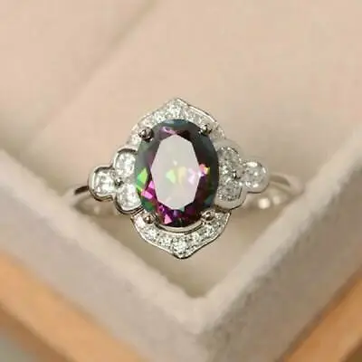 925 Sterling Silver Rainbow Mystical Fire Topaz Wedding Engagement Ring Size 7 • $15.74