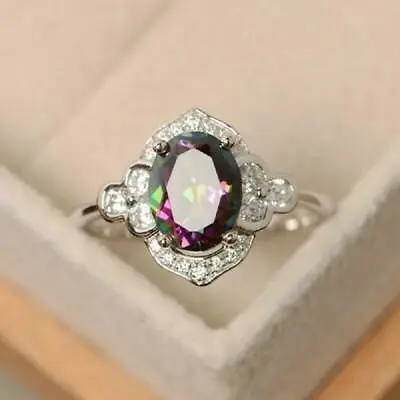 $15.74 • Buy 925 Sterling Silver Rainbow Mystical Fire Topaz Wedding Engagement Ring Size 8