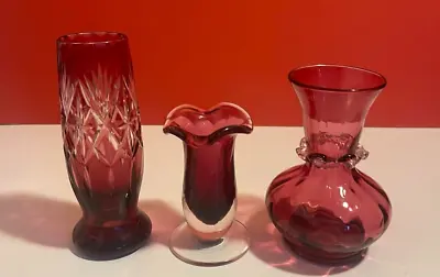 Cranberry Glass Art Vases Set Of 3 Vintage Decorative Vintage • £22.99