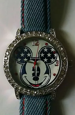 Disney Mickey Mouse Rhinestone Watch Blue Denim Band By Accutime Rare • $24.95