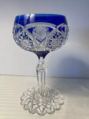 Val Saint Lambert Crystal Cut To Clear 5.5  Cobalt Blue Wine Hock Glass * XLNT! • $76.46