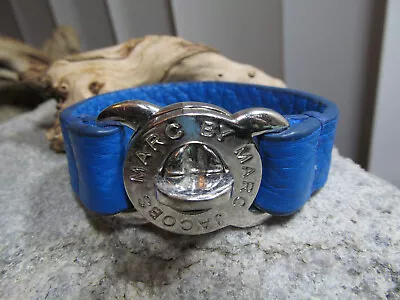  Silver Tone MARC By MARC JACOBS Blue Leather Turnlock Clasp Bracelet SMALL Wr • $48.99