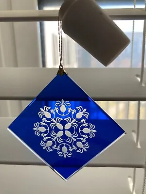 Vintage Glass Flat Square Christmas Ornament Etched Snowflake Hawaiian Quilt • $10