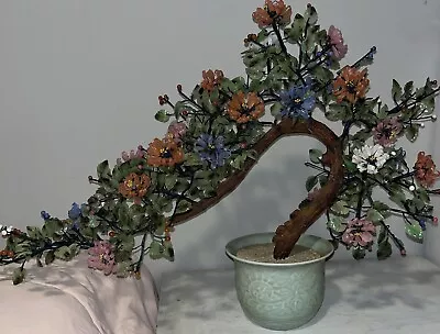 Vintage X-Large Chinese Jade Quartz Stone Glass Flower Bonsai Tree Celadon Pot • $199