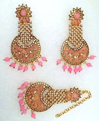 New Bridal Maang Tikka Earrings Set Pearl Kundan  Pink Gold Tone Indian Jewelry • $12.38