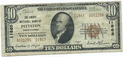 1929 $10 NATIONAL BANKNOTE = TYPE II = THE LIBERTY NATIONAL BANK Of PITTSTON PA • $132.99