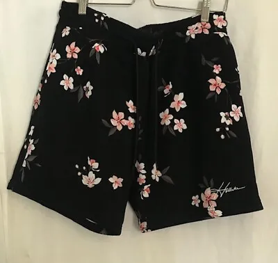 Hollister Men’s Floral Fleece Lined Drawstring Shorts/Bottoms Black Medium • £27.50