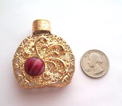 Vintage Miniature Faceted Glass Perfume Bottle W/golden Filigree & Red Stone • $7.99